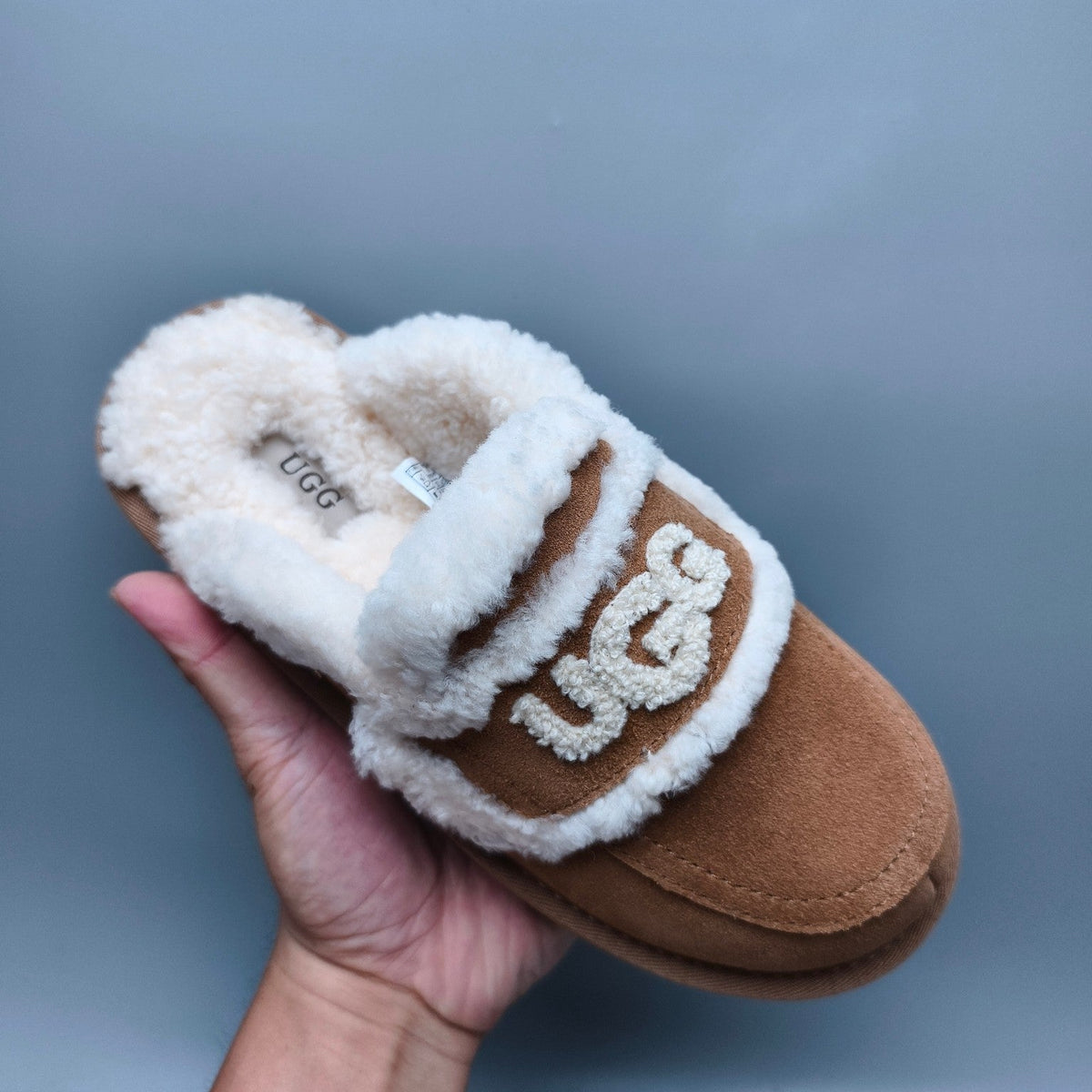 Chestnut Fluffy Big Logo Casual Slippers — New Arrival | In Stock